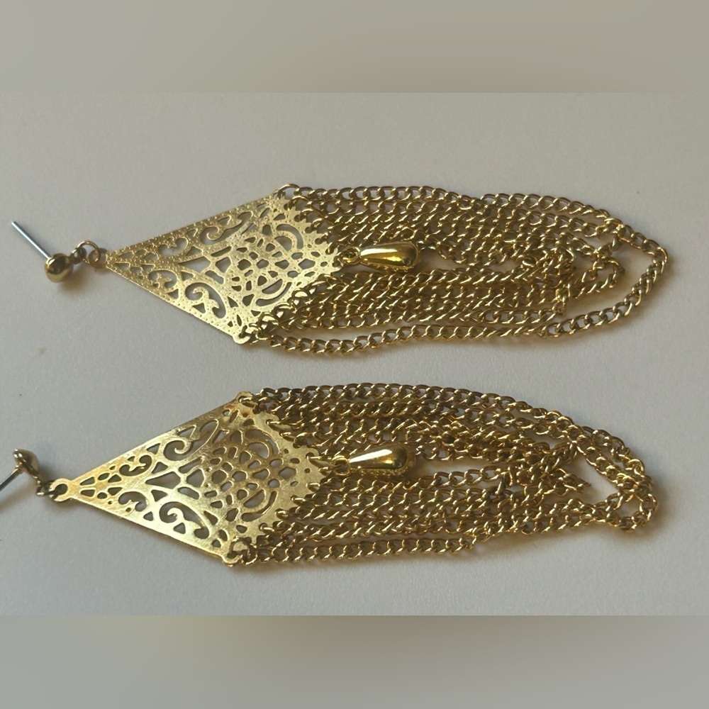 Vintage Gold Filigree Fringe Chandelier Earrings Boho Statement Gold Earrings - Picture 5 of 5